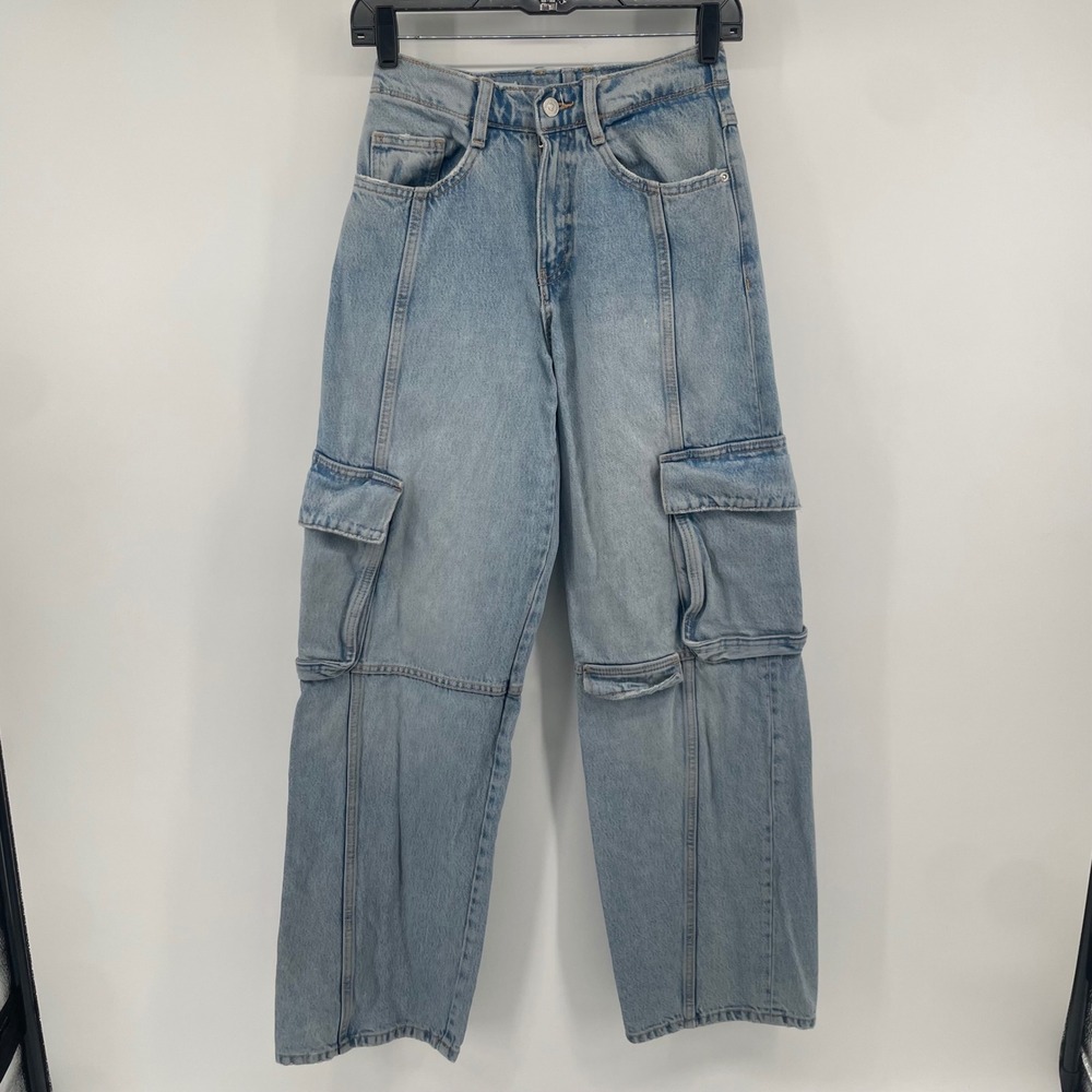 Zara Cargo Jeans Womens 0 Light Wash Blue High Waisted Straight Leg Streetwear